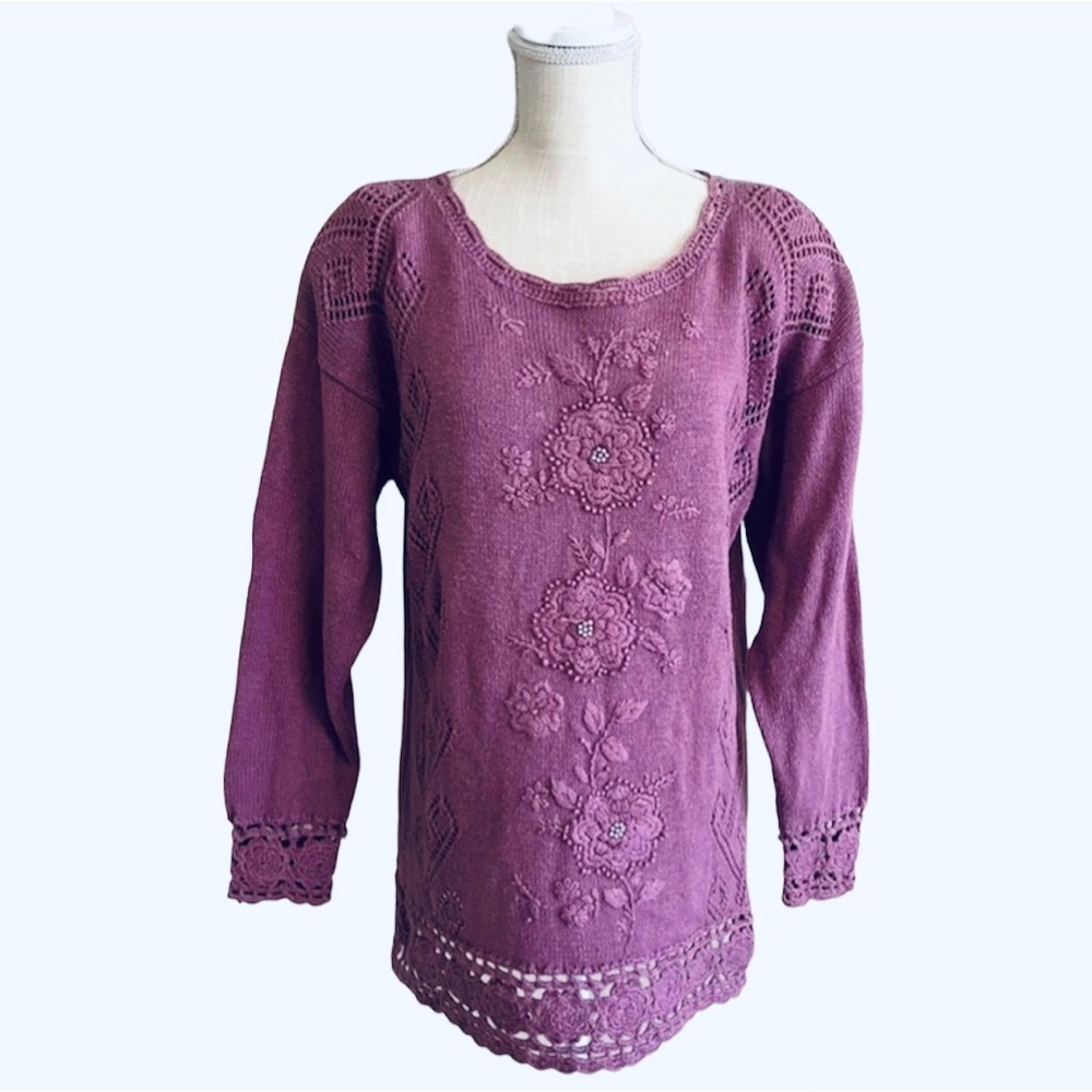 Vintage Margules Plum Floral Embroidered Knit Sweater
